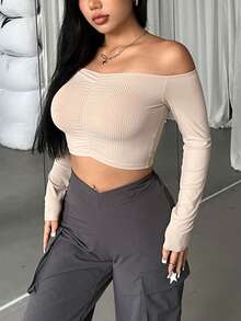 SHEIN EZwear Off Shoulder Viền mặt trước Áo phông Crop - Màu be - Xem 4