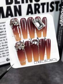 ROMWE Fairycore 10pcs Rhinestone Decor Fake Nail - Brown - View 2