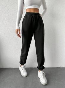 RueChic Solid Elastic Waist Slant Pocket Sweatpants - Black - View 4
