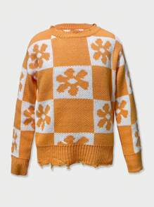 SHEIN Chica preadolescente Jersey con patrón floral de hombros caídos roto ribete - Naranja - Ver 1