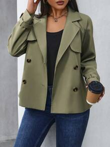 SHEIN LUNE NỮ Đôi ngực Áo khoác Trench - xanh quân đội - Xem 5