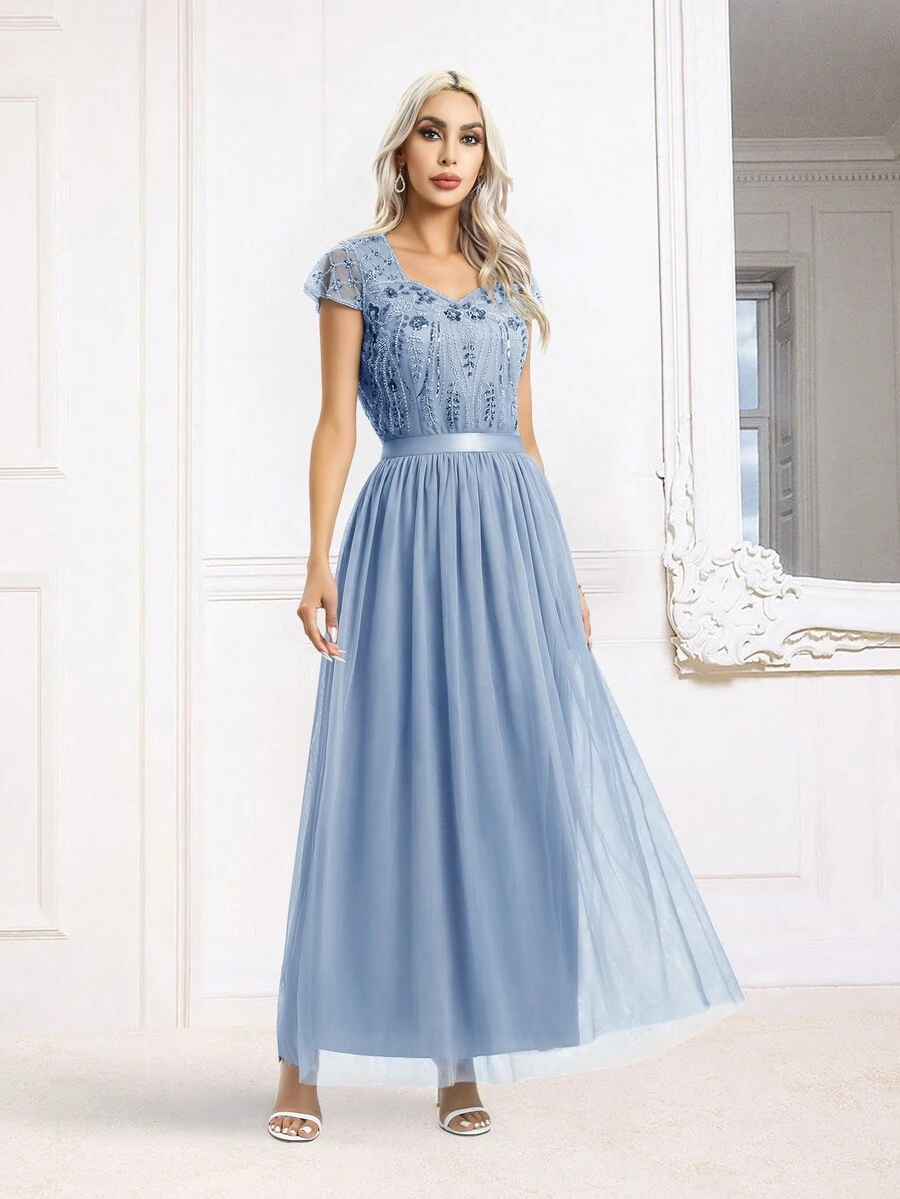 Contrast Lace Mesh Formal Dress - Dusty Blue - View 1