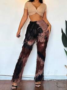 人像圖案流蘇邊長褲 - 棕色 - 查看 1