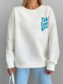 EURMUSE Slogan Graphic Drop Shoulder Sweatshirt - White - View 5