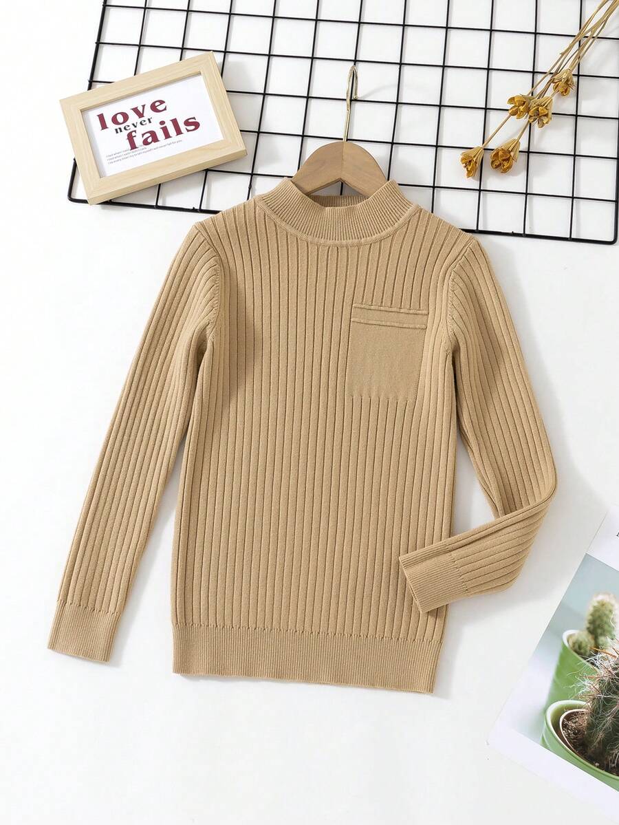 Young Boy Ribbed Knit Mock Neck Sweater - Khaki - View 1