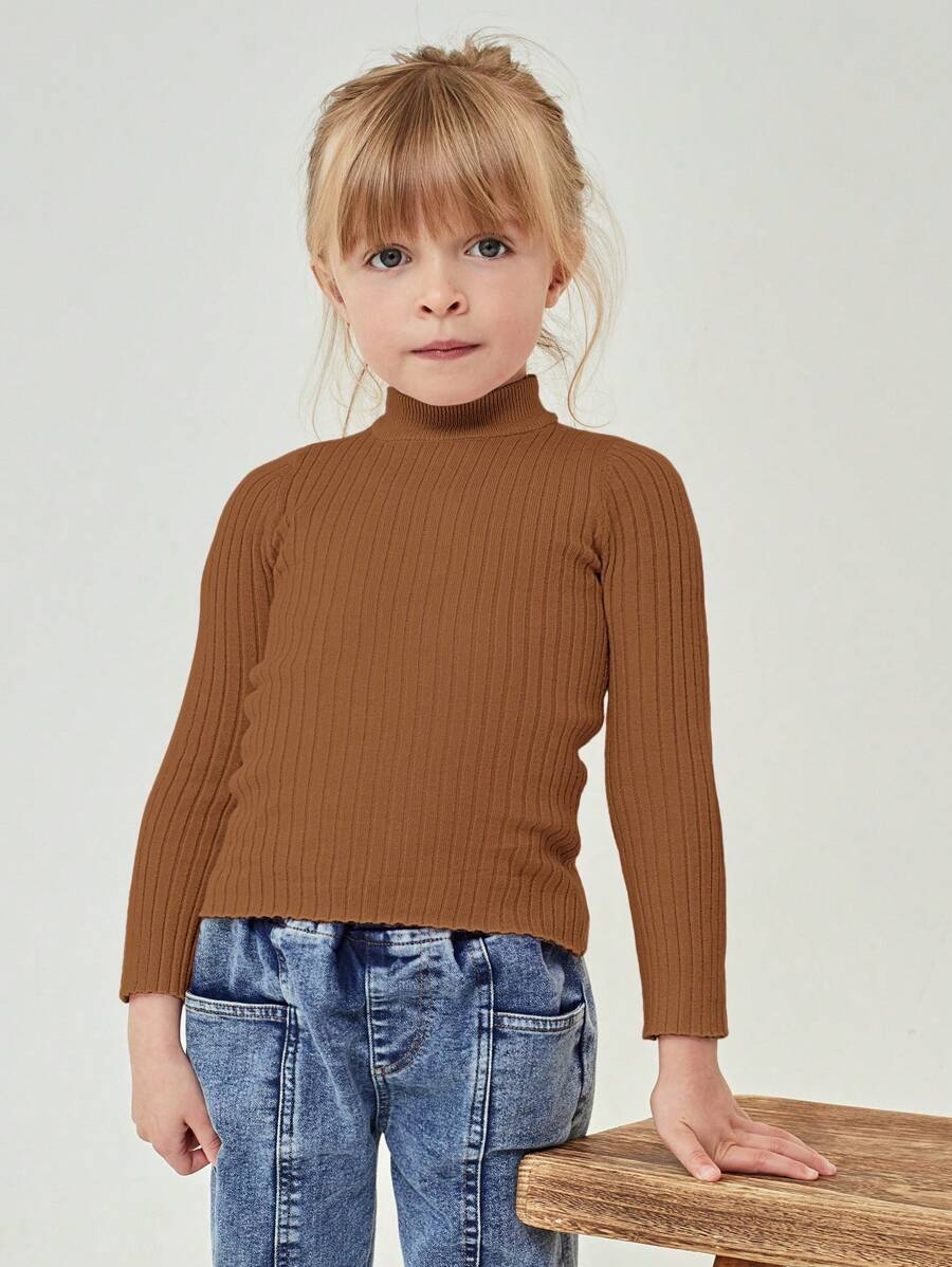SHEIN Young Girl Mock Neck Ribbed Knit Sweater - Brown - View 1