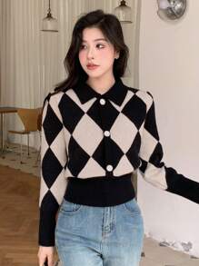 DAZY Diamond Plaid Cardigan Sweater With Front Buttons - Black - View 4