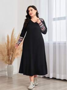 Lacomfia Plus Geo Print V Neck Dress Maxi Women Outfit