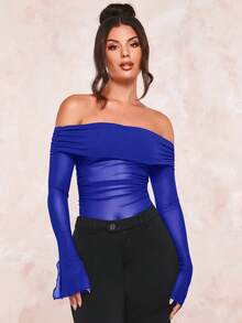 SHEIN BAE Gấp lại Off Shoulder Xù Lưới Áo - Xanh đậm - Xem 5