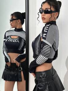 SHEIN Unity 女性半高領條紋短款上衣和字母圖案背心2入組/套 - 黑色 - 查看 7