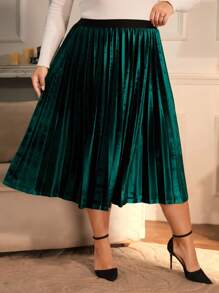 SHEIN Clasi 加大高腰褶皺天鵝絨裙 - 綠色 - 查看 3