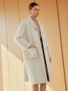 Anewsta Khăn quàng Nút phía trước Túi có nắp Thả vai Thắt lưng Áo khoác - Màu be - Xem 6