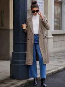 BizChic Double Breasted Houndstooth Overcoat - Khaki - View 3