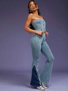 Denimoi Contrast Flare Leg Tube Denim Jumpsuit - Light Grey - View 3