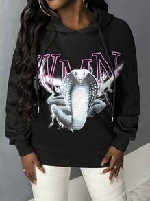 Slaydiva Letter & Snake Print Drop Shoulder Drawstring Hoodie - Hitam - View 4