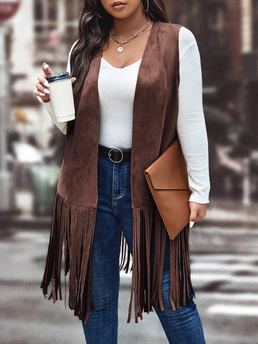 SHEIN LUNE Talla grande Abrigo chaleco bajo con fleco con parte delantera abierta - Marrón Mocha - Ver 1
