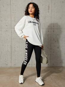 青少年女孩字母圖案落肩袖連帽衫和緊身褲 - 黑與白 - 查看 5