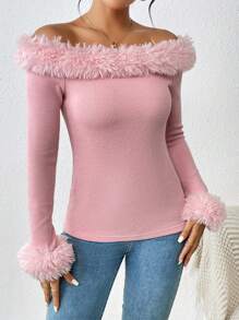 Allurite Fuzzy Trim Off Shoulder Ribbed Knit Tee - Pink - View 6