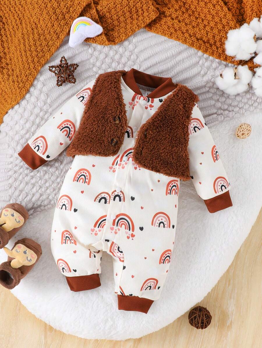 SHEIN 男嬰彩虹印花連身褲&絨毛夾克背心
