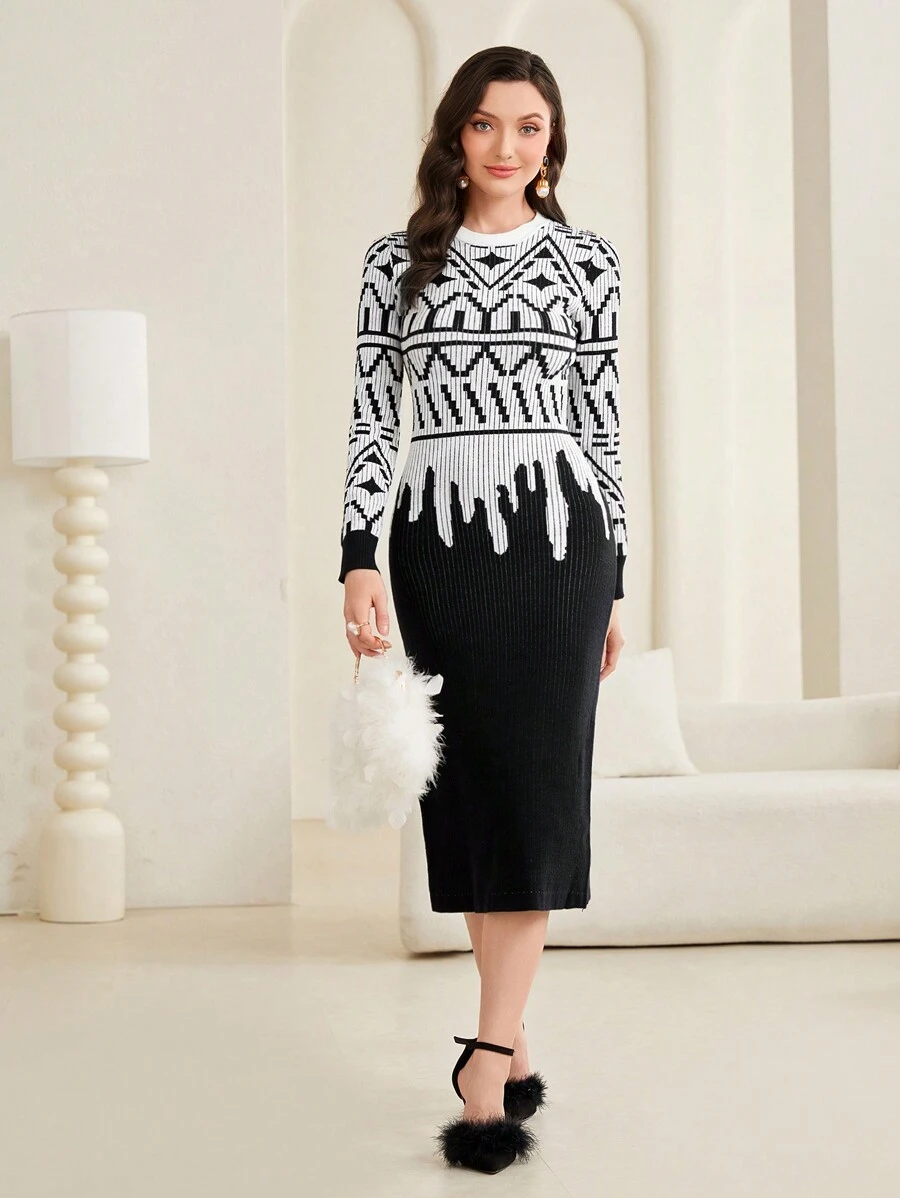 Modelyn Vestido De Suéter Ajustado Con Patrón Geométrico Para Mujer - Blanco y Negro - Ver 1