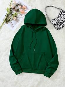 SHEIN EZwear Đồ họa núi & chữ Túi kangaroo Dây rút Lót nhiệt Hoodie - màu xanh lá - Xem 2