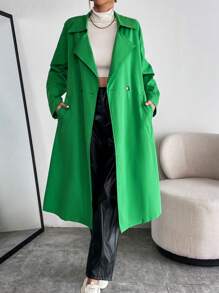 SHEIN Essnce Lapel Neck Double Button Belted Trench Coat - Green - View 1