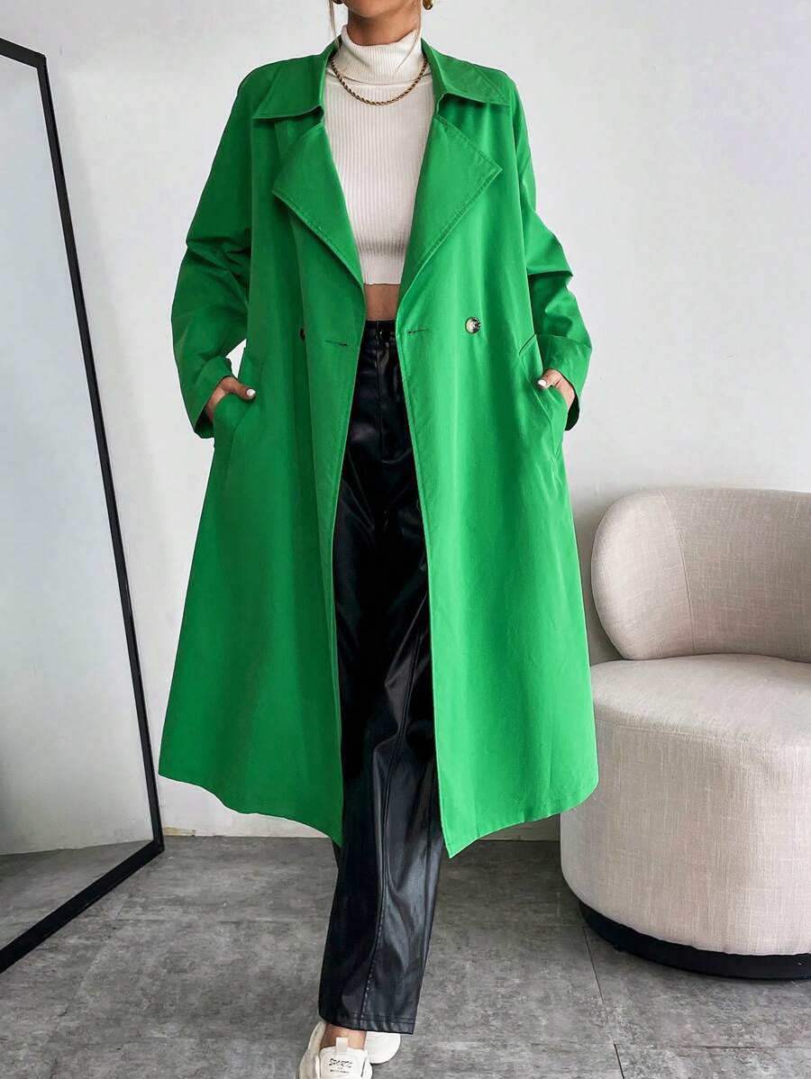 SHEIN Essnce Lapel Neck Double Button Belted Trench Coat - Green - View 1