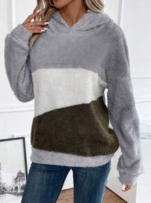 SHEIN LUNE Color Block Drop Shoulder Flannel Hoodie - Multicolor - View 4