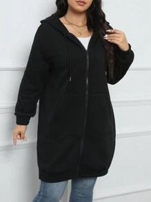 SHEIN EZwear Plus Size Zip Up Drop Shoulder Drawstring Sweatshirt Graduation,Back To School,Graduation,Teacher For Women,Back To School Pullover Fall Sweatshirt - Black - View 4