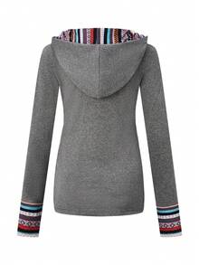 EMERY ROSE Geo Print Button Detail Ruched Side Hooded Tee Graphic Tees Women Tops - Grey - View 2