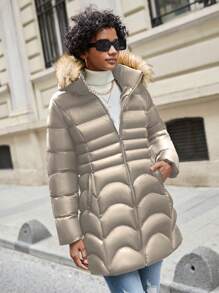 SHEIN Met rits Pluizige rand Met kap Pufferjas