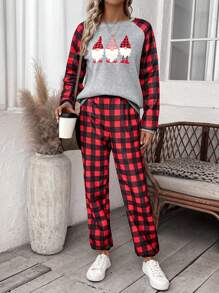 SHEIN LUNE Christmas and Gingham Print Raglan Sleeve Tee & Sweatpants - Multicolor - View 1