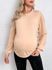 SHEIN 孕婦側邊紐扣落肩袖套頭衫 - 卡其色 - 查看 4