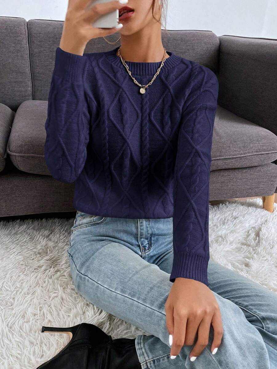 SHEIN Frenchy Solid Cable Knit Drop Shoulder Sweater - Navy Blue - View 1