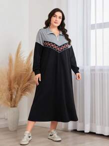 Mulvari 大碼幾何印花撞色半拉鏈衛衣洋裝 - 彩色 - 查看 4