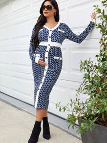 SHEIN Maternity Allover Print Contrast Trim Button Front Bodycon Dress