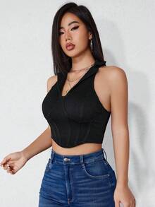 SHEIN Unity 素色繞頸短上衣 - 黑色 - 查看 6
