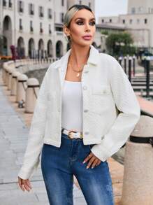 SHEIN Privé 素色前紐扣花呢外套 - 白色 - 查看 4