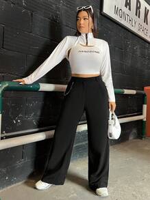 SHEIN EZwear 大碼鏈條細節闊腿西裝褲 - 黑色 - 查看 3