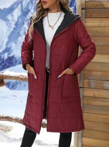 SHEIN LUNE Dual Pocket Hooded Padded Padded Coat Clothes Winter - Burgundy - View 4