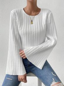 Chiquease Solid Flare Sleeve Plisse Blouse,Long Sleeve Tops Fall Cloth For Women - White - View 3