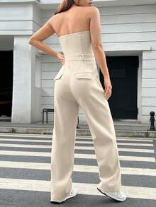 SHEIN EZwear Solid Tube Jumpsuit - Khaki - View 2