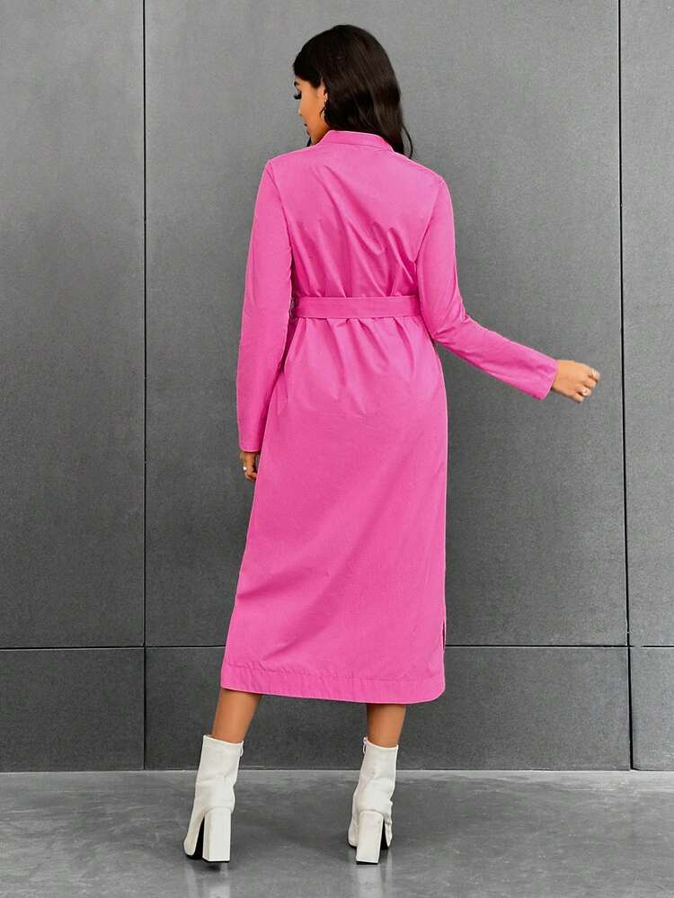 Notched Neckline Belted Shirt Dress