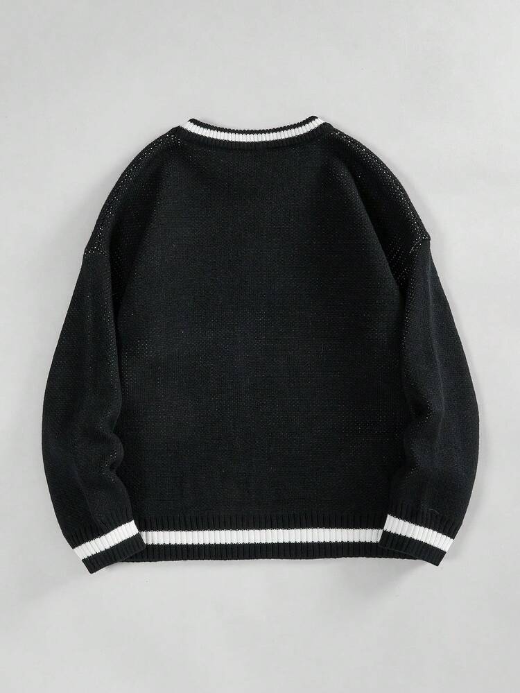 Plus Letter & Cartoon Pattern Striped Trim Sweater Knit Pullover Fall Winter Sweater