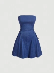 SHEIN MOD Lace Up Side Tube Dress Strapless Dress - Blue - View 1