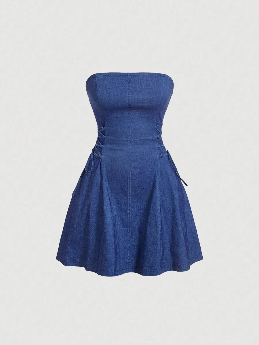 SHEIN MOD Lace Up Side Tube Dress Strapless Dress - Blue - View 1