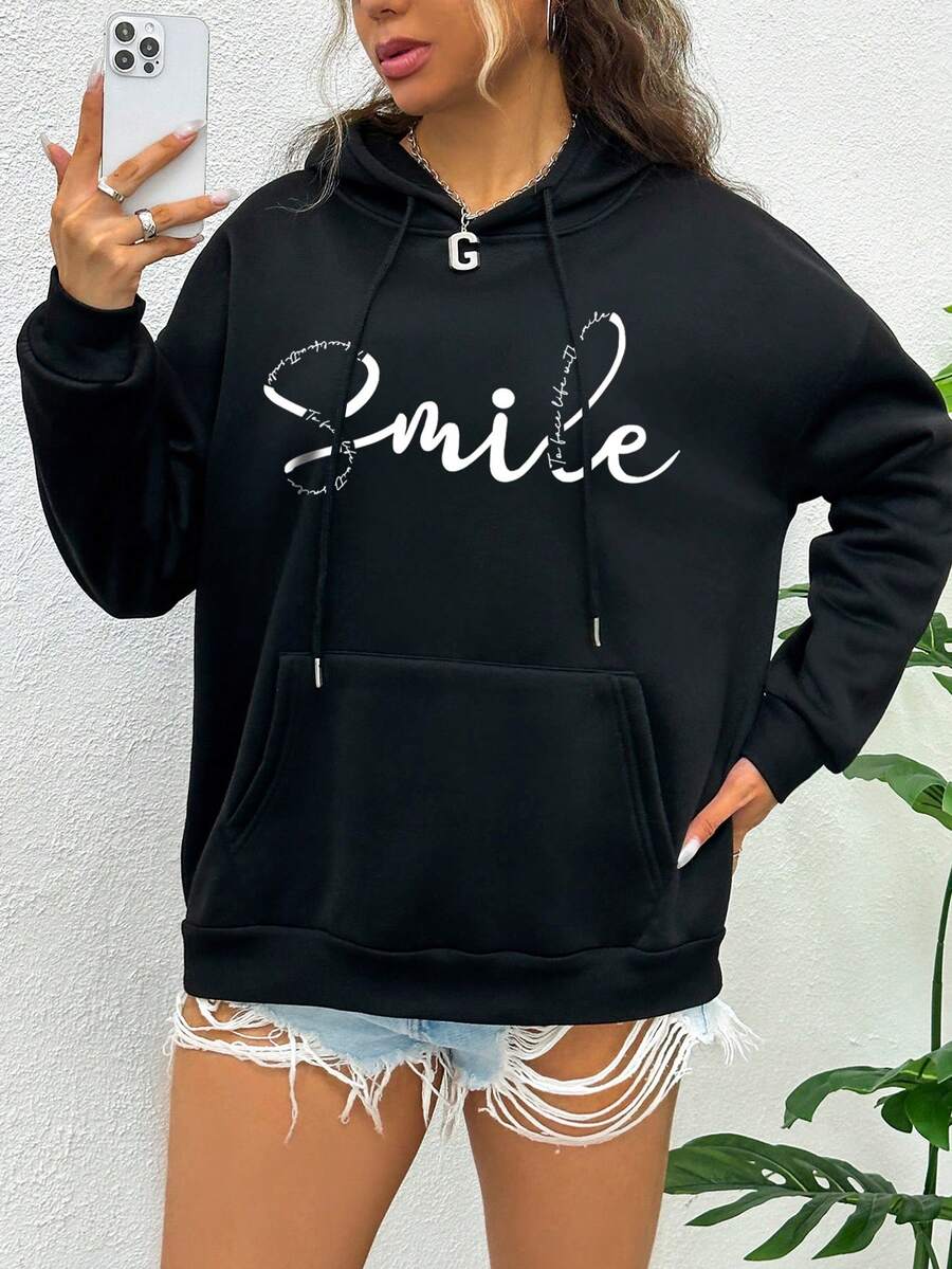 SHEIN EZwear Plus Size Letter Graphic Kangaroo Pocket Drop Shoulder Drawstring Sweatshirt - Black - View 1