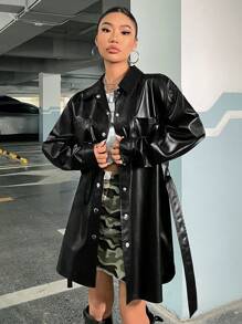 SHEIN EZwear 落肩袖腰帶外套 - 黑色 - 查看 7