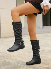秋冬女士平跟及膝靴，侧拉链，金色扣，舒适休闲，黑色靴子