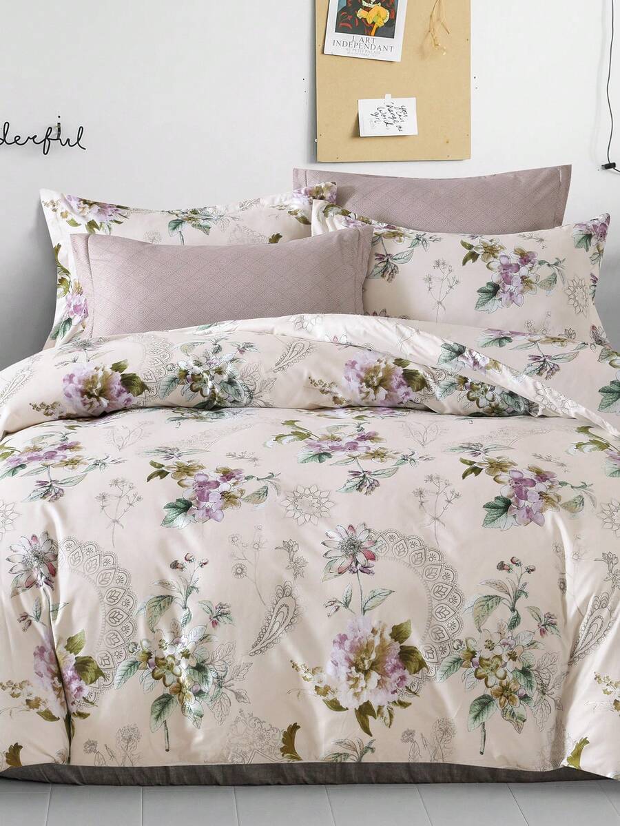 3pcs Hoa In Polyester Bộ chăn ga gối - Nhiều màu - Xem 1